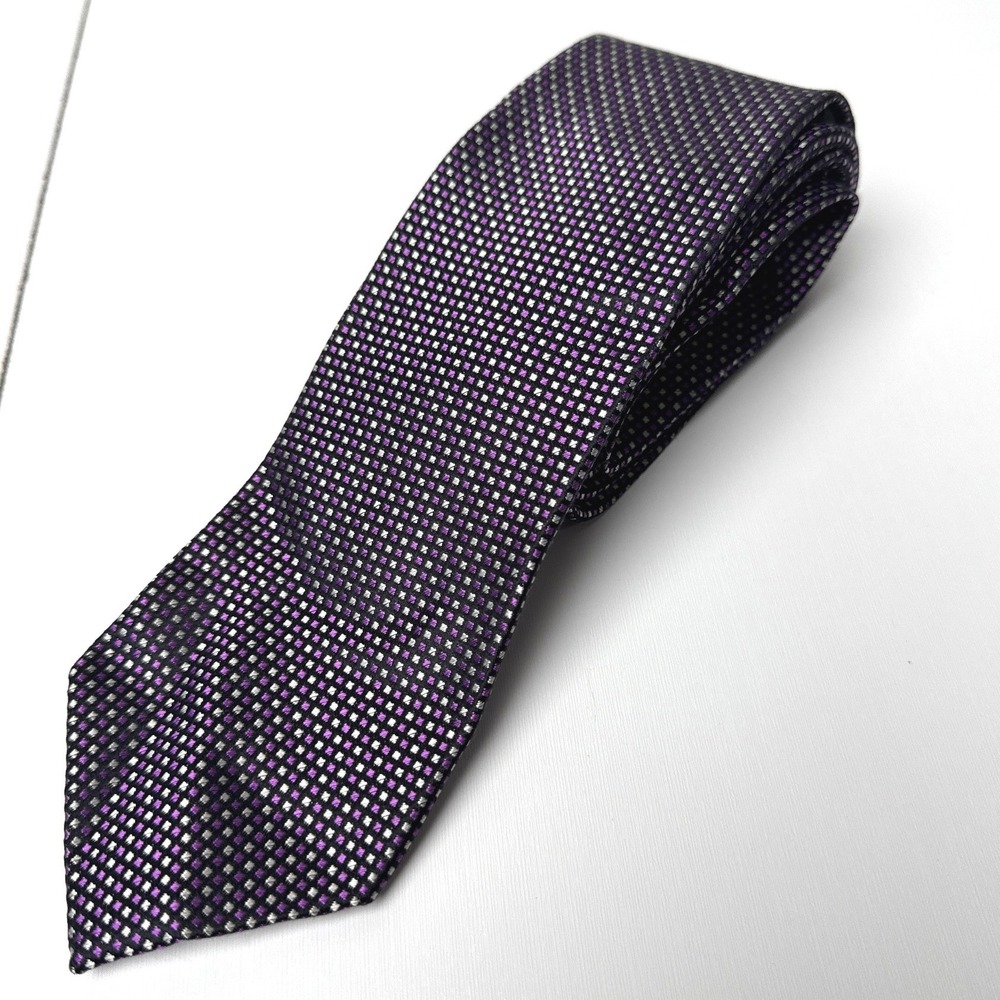 Banana Republic Mens Purple Silver Micro Check 100% Silk Classic Necktie